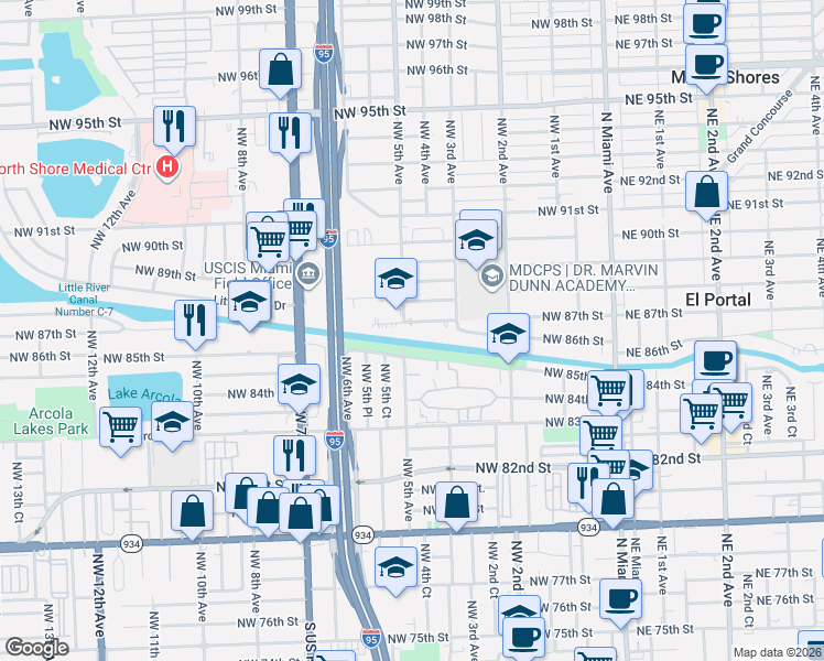 map of restaurants, bars, coffee shops, grocery stores, and more near 488 Northwest 87th Street in El Portal