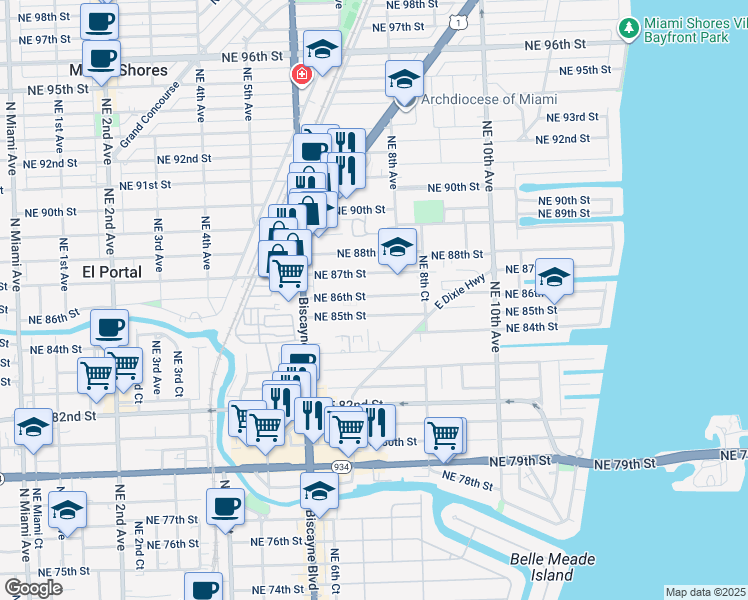map of restaurants, bars, coffee shops, grocery stores, and more near 701 Northeast 85th Street in Miami