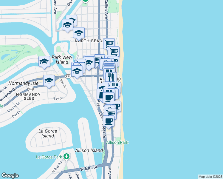 map of restaurants, bars, coffee shops, grocery stores, and more near Collins Ave & 69th St in Miami Beach