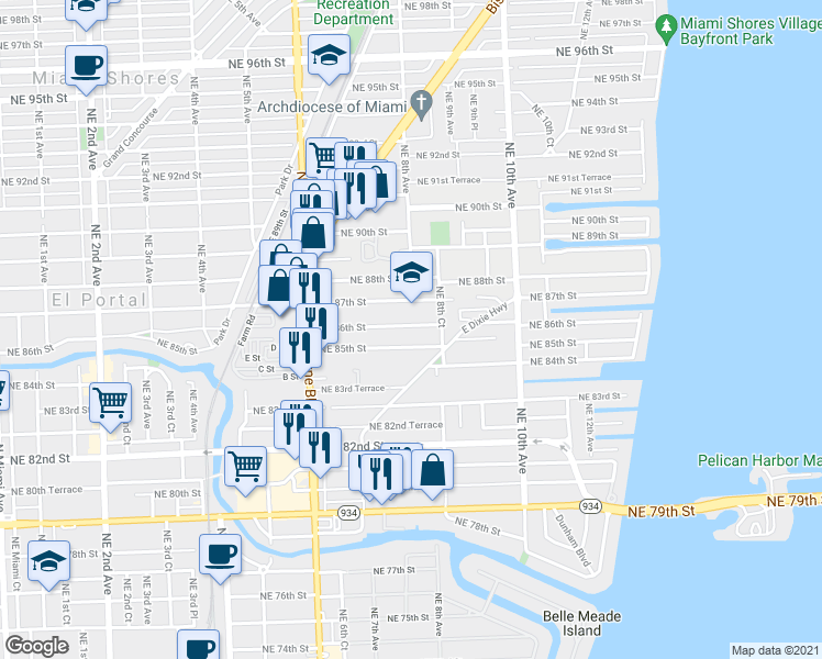 map of restaurants, bars, coffee shops, grocery stores, and more near 795 Northeast 85th Street in Miami