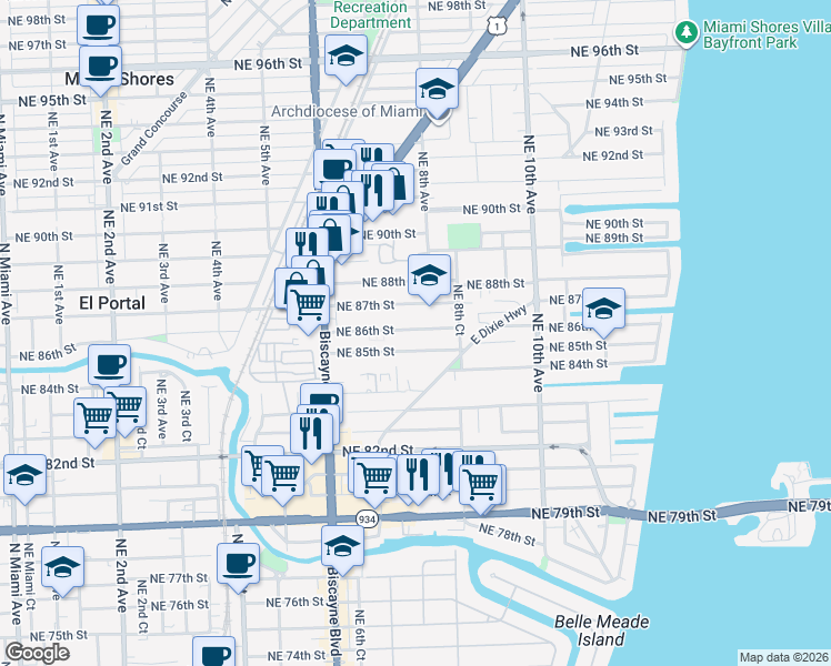 map of restaurants, bars, coffee shops, grocery stores, and more near 795 Northeast 85th Street in Miami