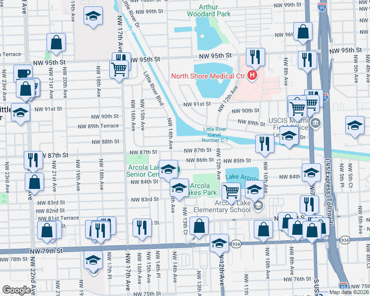 map of restaurants, bars, coffee shops, grocery stores, and more near 1320 Northwest 87th Street in Miami
