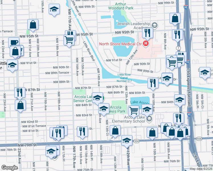 map of restaurants, bars, coffee shops, grocery stores, and more near 1320 Northwest 87th Street in Miami