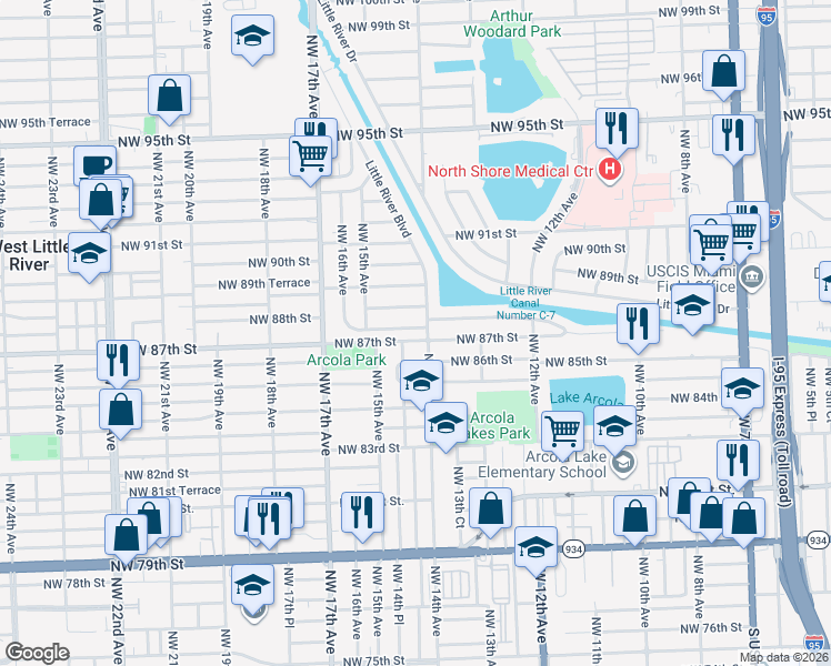 map of restaurants, bars, coffee shops, grocery stores, and more near 2401 Northwest 14th Avenue in Miami