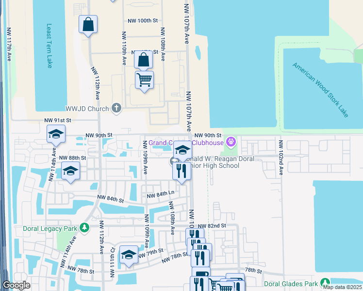 map of restaurants, bars, coffee shops, grocery stores, and more near 8900 Northwest 107th Court in Doral