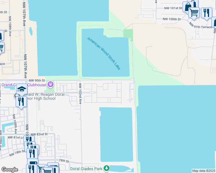 map of restaurants, bars, coffee shops, grocery stores, and more near 8855 Northwest 102nd Place in Doral