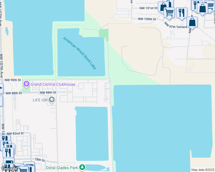 map of restaurants, bars, coffee shops, grocery stores, and more near 8900 Northwest 97th Avenue in Doral