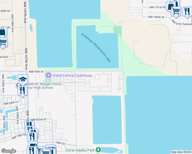 map of restaurants, bars, coffee shops, grocery stores, and more near 8875 Northwest 99th Court in Doral
