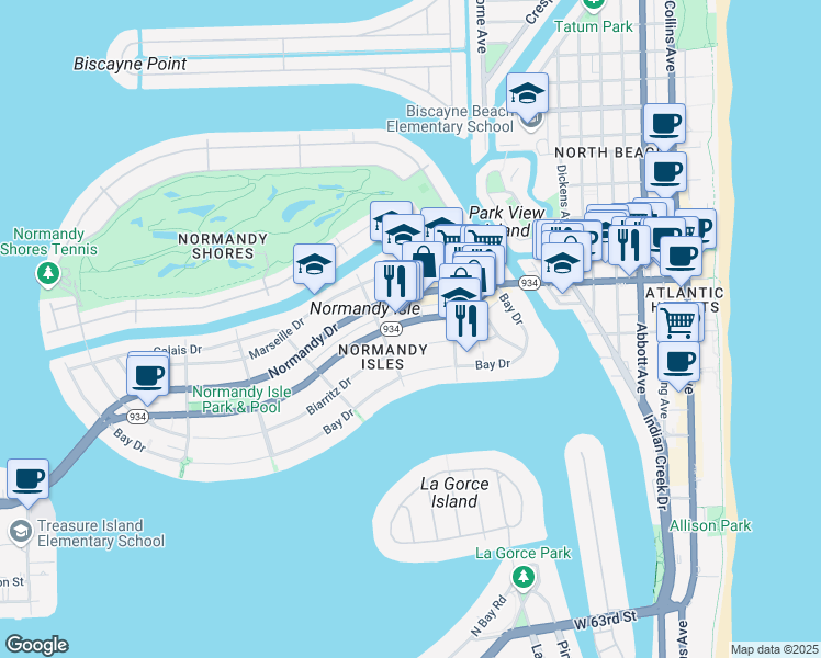 map of restaurants, bars, coffee shops, grocery stores, and more near 1190 71st Street in Miami Beach