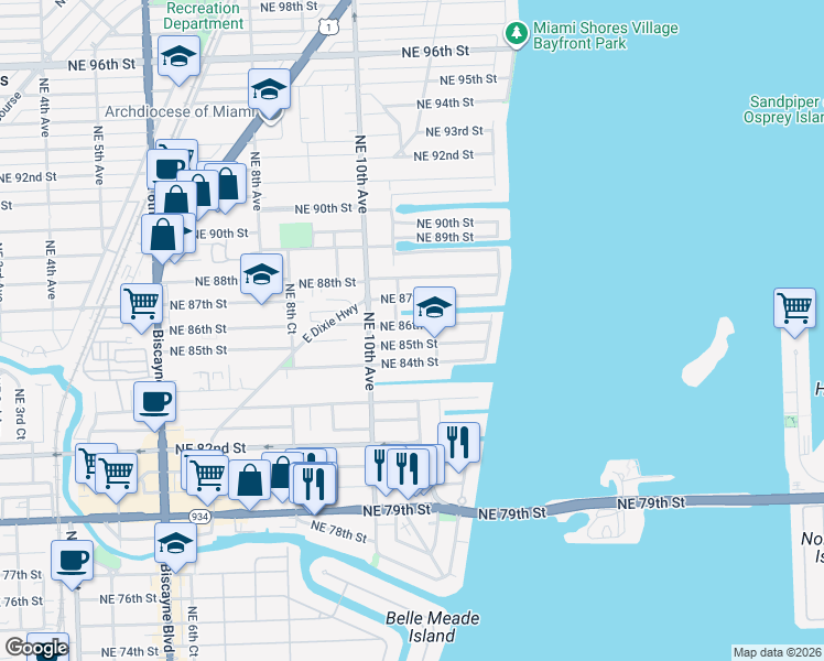 map of restaurants, bars, coffee shops, grocery stores, and more near 1081 Northeast 85th Street in Miami
