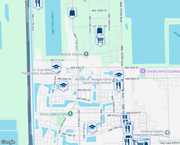 map of restaurants, bars, coffee shops, grocery stores, and more near 10921 Northwest 88th Terrace in Doral