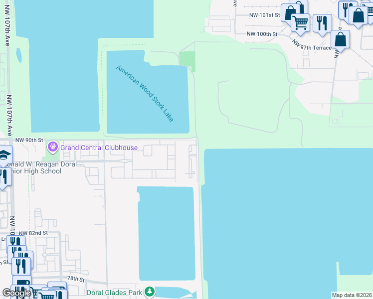 map of restaurants, bars, coffee shops, grocery stores, and more near 8930 Northwest 97th Avenue in Doral