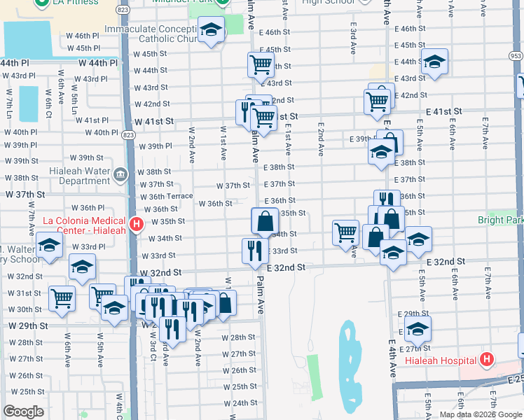 map of restaurants, bars, coffee shops, grocery stores, and more near 45 West 35th Street in Hialeah