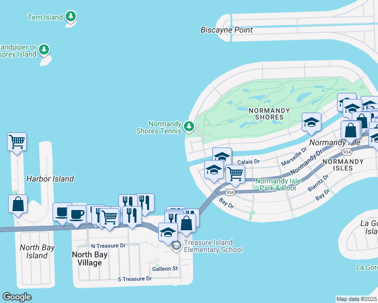 map of restaurants, bars, coffee shops, grocery stores, and more near 1040 South Shore Drive in Miami