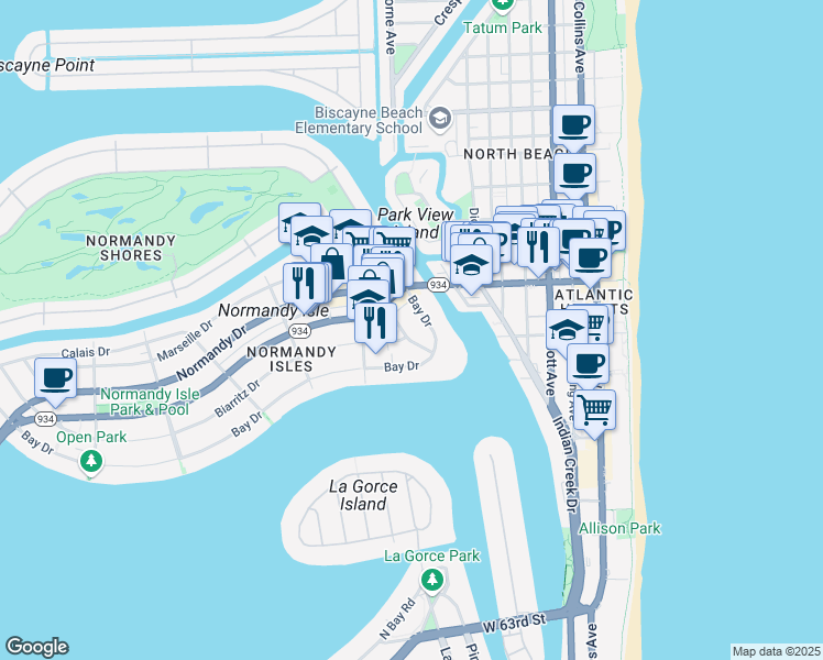 map of restaurants, bars, coffee shops, grocery stores, and more near 900 Bay Drive in Miami Beach