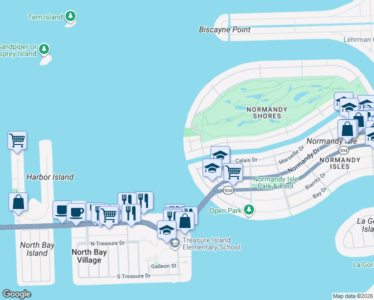 map of restaurants, bars, coffee shops, grocery stores, and more near 1040 South Shore Drive in Miami