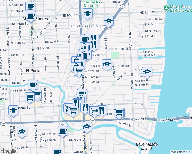 map of restaurants, bars, coffee shops, grocery stores, and more near 701 Northeast 85th Street in Miami