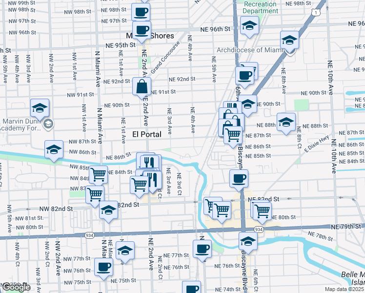 map of restaurants, bars, coffee shops, grocery stores, and more near 345 Northeast 85th Street in El Portal