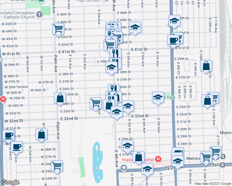 map of restaurants, bars, coffee shops, grocery stores, and more near 422 East 35th Street in Hialeah