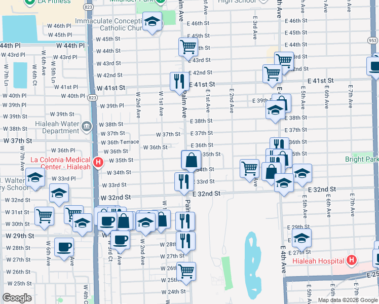 map of restaurants, bars, coffee shops, grocery stores, and more near 45 West 35th Street in Hialeah