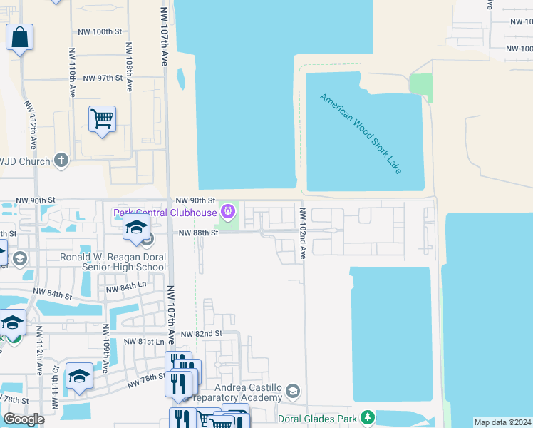 map of restaurants, bars, coffee shops, grocery stores, and more near 8839 Northwest 103rd Place in Doral