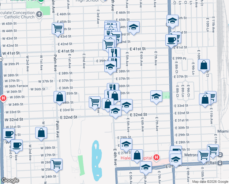 map of restaurants, bars, coffee shops, grocery stores, and more near 422 East 35th Street in Hialeah