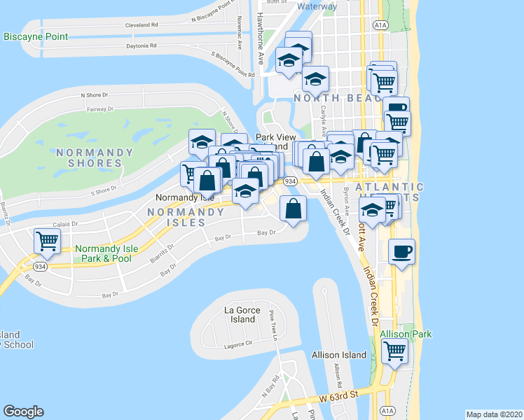 map of restaurants, bars, coffee shops, grocery stores, and more near 965-975 Biarritz Drive in Miami Beach