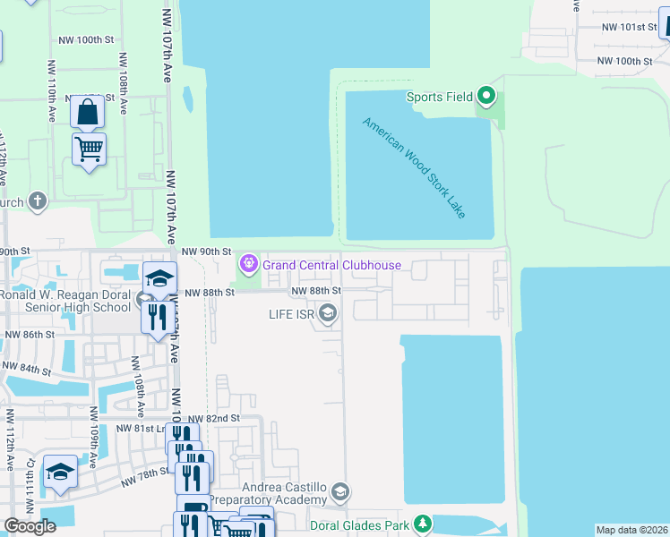 map of restaurants, bars, coffee shops, grocery stores, and more near 8826 Northwest 101st Place in Doral