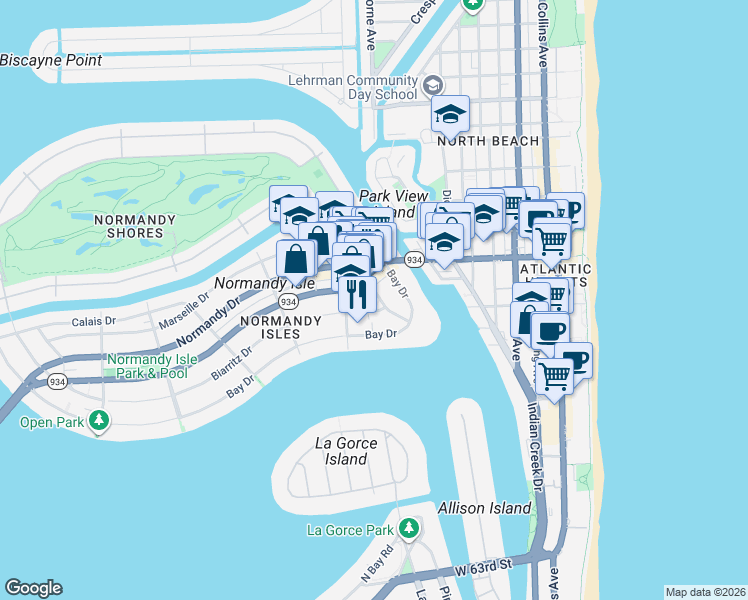map of restaurants, bars, coffee shops, grocery stores, and more near 965-975 Biarritz Drive in Miami Beach