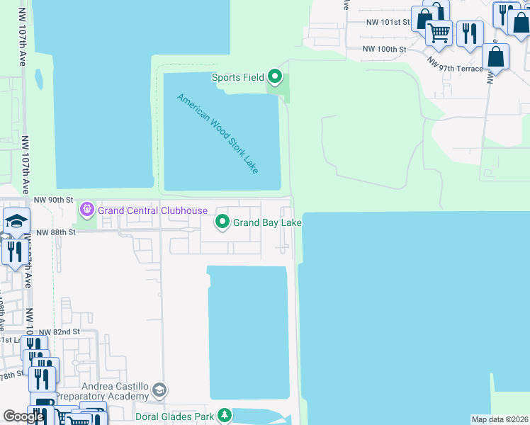 map of restaurants, bars, coffee shops, grocery stores, and more near 8783 Northwest 98th Avenue in Miami
