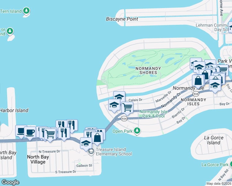 map of restaurants, bars, coffee shops, grocery stores, and more near 970 South Shore Drive in Miami Beach