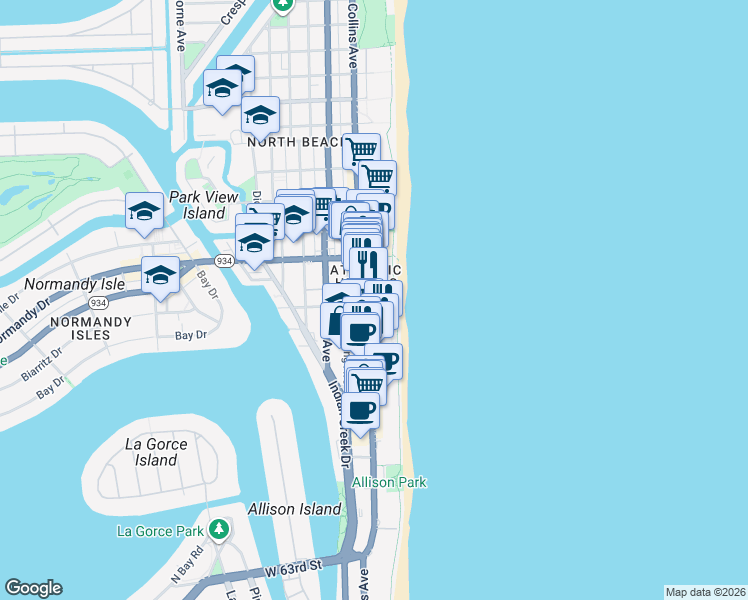 map of restaurants, bars, coffee shops, grocery stores, and more near 6889 Florida A1A in Miami Beach
