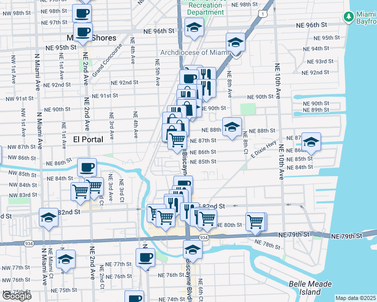 map of restaurants, bars, coffee shops, grocery stores, and more near 639 Northeast 85th Street in Miami