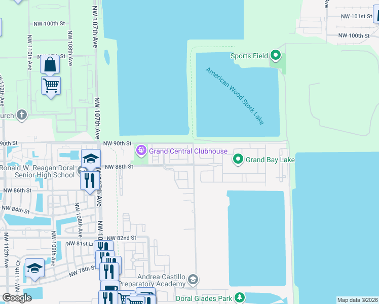 map of restaurants, bars, coffee shops, grocery stores, and more near 8826 Northwest 101st Place in Doral