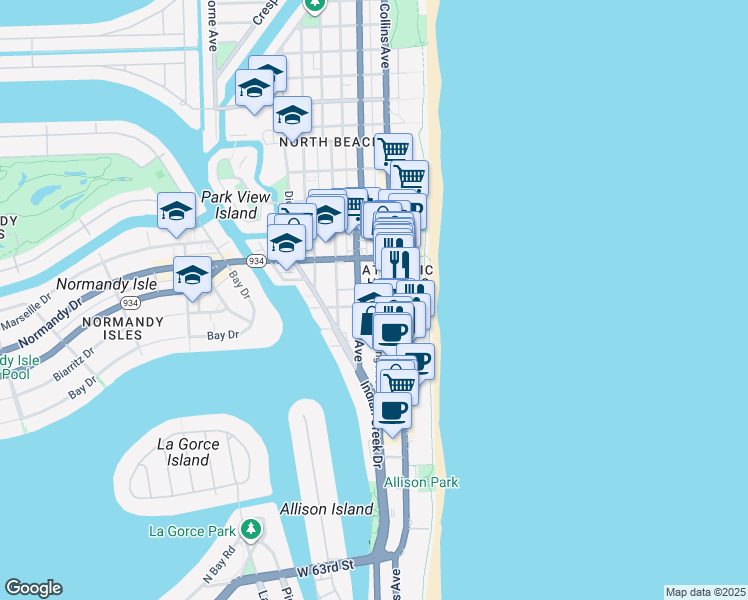 map of restaurants, bars, coffee shops, grocery stores, and more near in Miami Beach