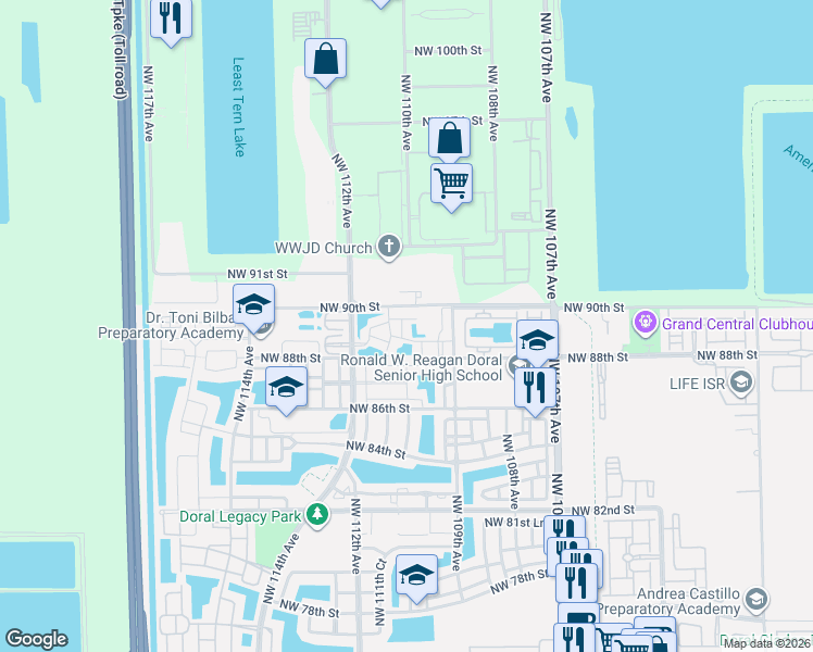map of restaurants, bars, coffee shops, grocery stores, and more near 10921 Northwest 88th Terrace in Doral