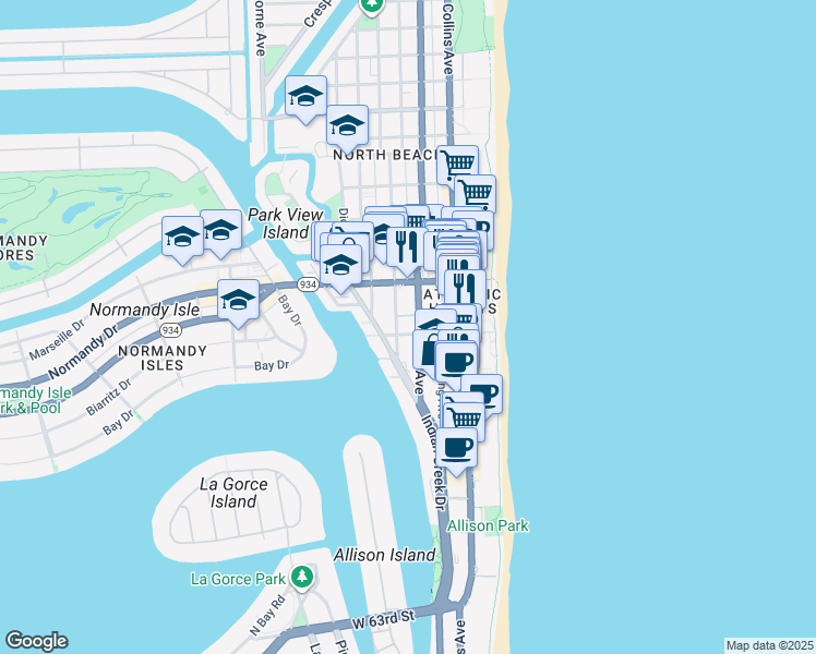 map of restaurants, bars, coffee shops, grocery stores, and more near 6890 Abbott Avenue in Miami Beach
