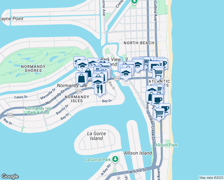 map of restaurants, bars, coffee shops, grocery stores, and more near 900 Bay Drive in Miami Beach