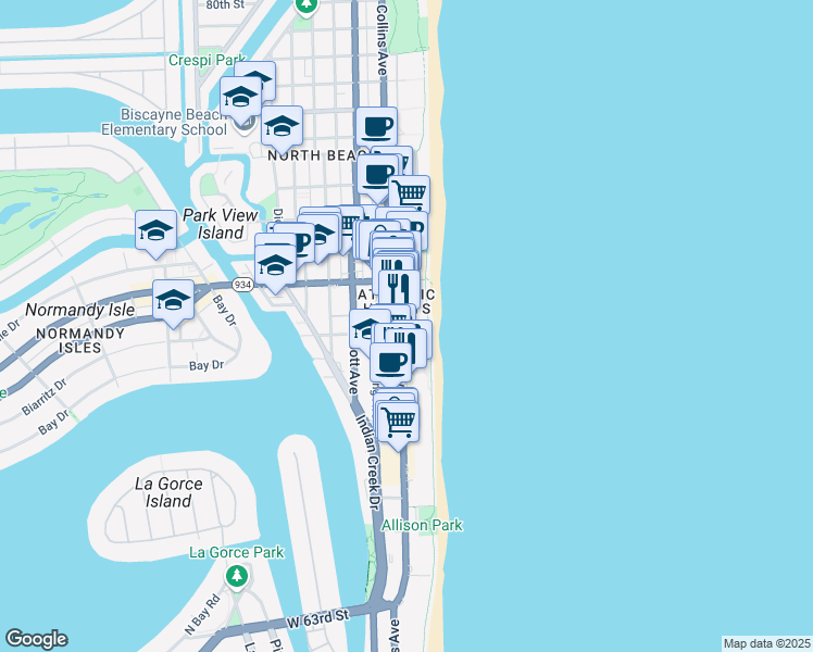 map of restaurants, bars, coffee shops, grocery stores, and more near 6889 Florida A1A in Miami Beach