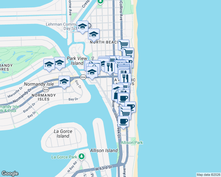 map of restaurants, bars, coffee shops, grocery stores, and more near 6890 Abbott Avenue in Miami Beach