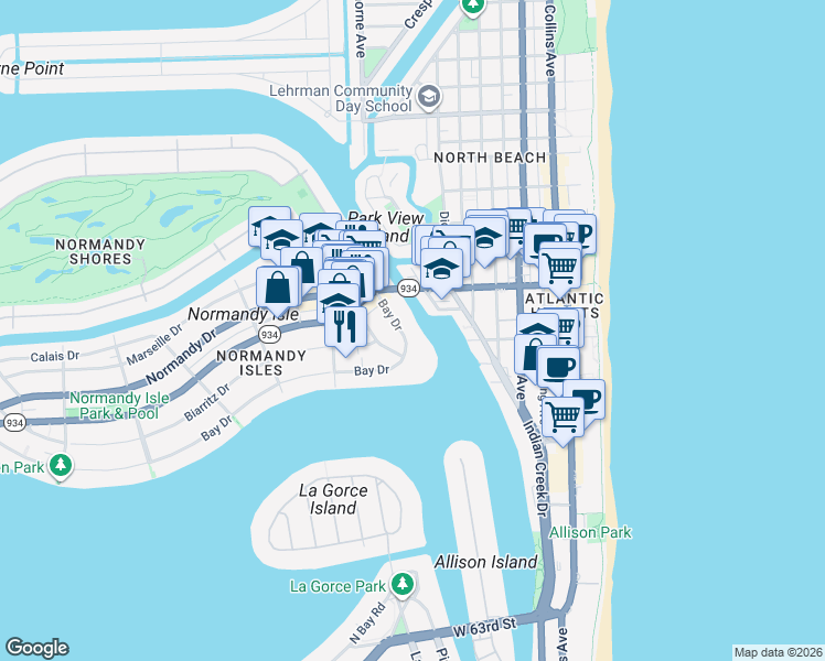 map of restaurants, bars, coffee shops, grocery stores, and more near 900 Bay Drive in Miami Beach