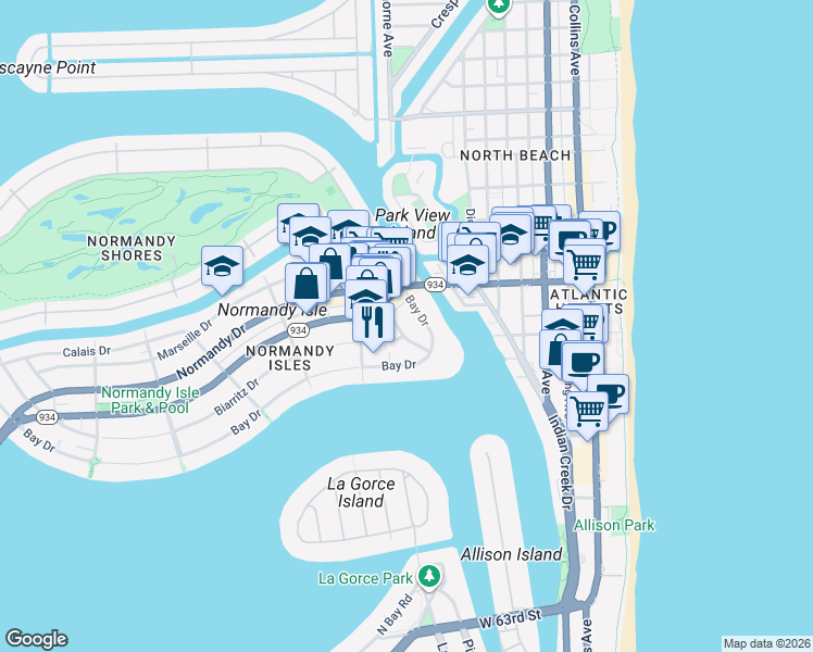 map of restaurants, bars, coffee shops, grocery stores, and more near 965-975 Biarritz Drive in Miami Beach