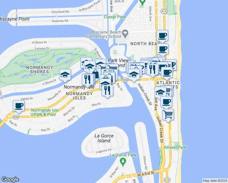 map of restaurants, bars, coffee shops, grocery stores, and more near 965-975 Biarritz Drive in Miami Beach