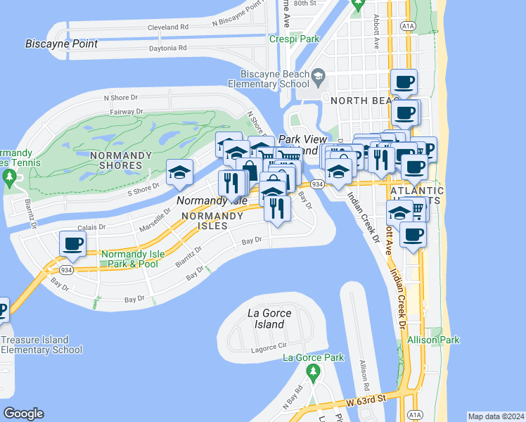 map of restaurants, bars, coffee shops, grocery stores, and more near 1109 Biarritz Drive in Miami Beach