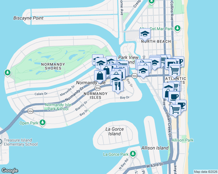 map of restaurants, bars, coffee shops, grocery stores, and more near 1109 Biarritz Drive in Miami Beach