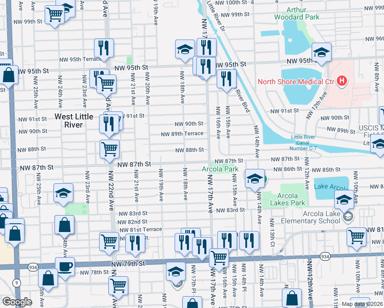 map of restaurants, bars, coffee shops, grocery stores, and more near in West Little River