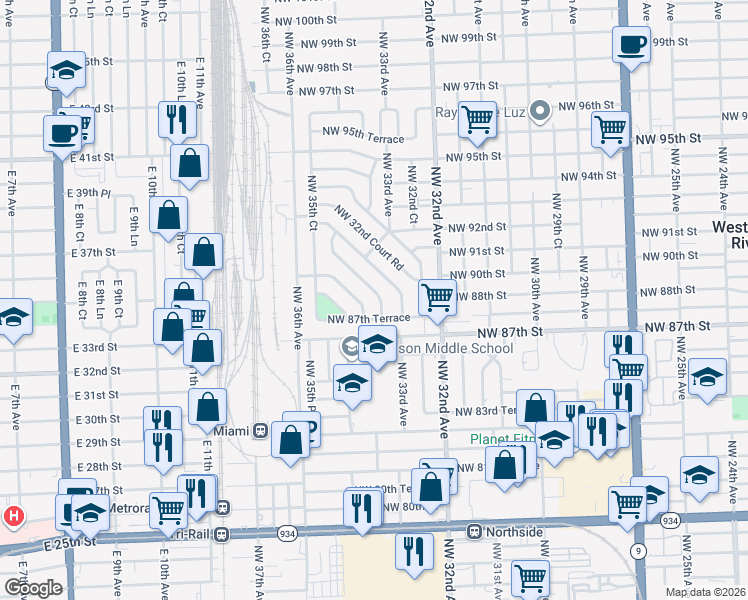 map of restaurants, bars, coffee shops, grocery stores, and more near 3355 Northwest 87th Terrace in Miami