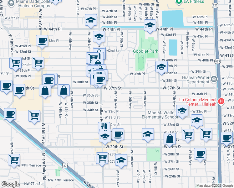map of restaurants, bars, coffee shops, grocery stores, and more near 3501 West 11th Avenue in Hialeah