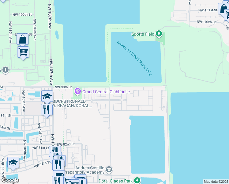 map of restaurants, bars, coffee shops, grocery stores, and more near 8826 Northwest 101st Place in Doral