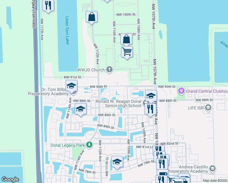 map of restaurants, bars, coffee shops, grocery stores, and more near 10921 Northwest 88th Terrace in Doral